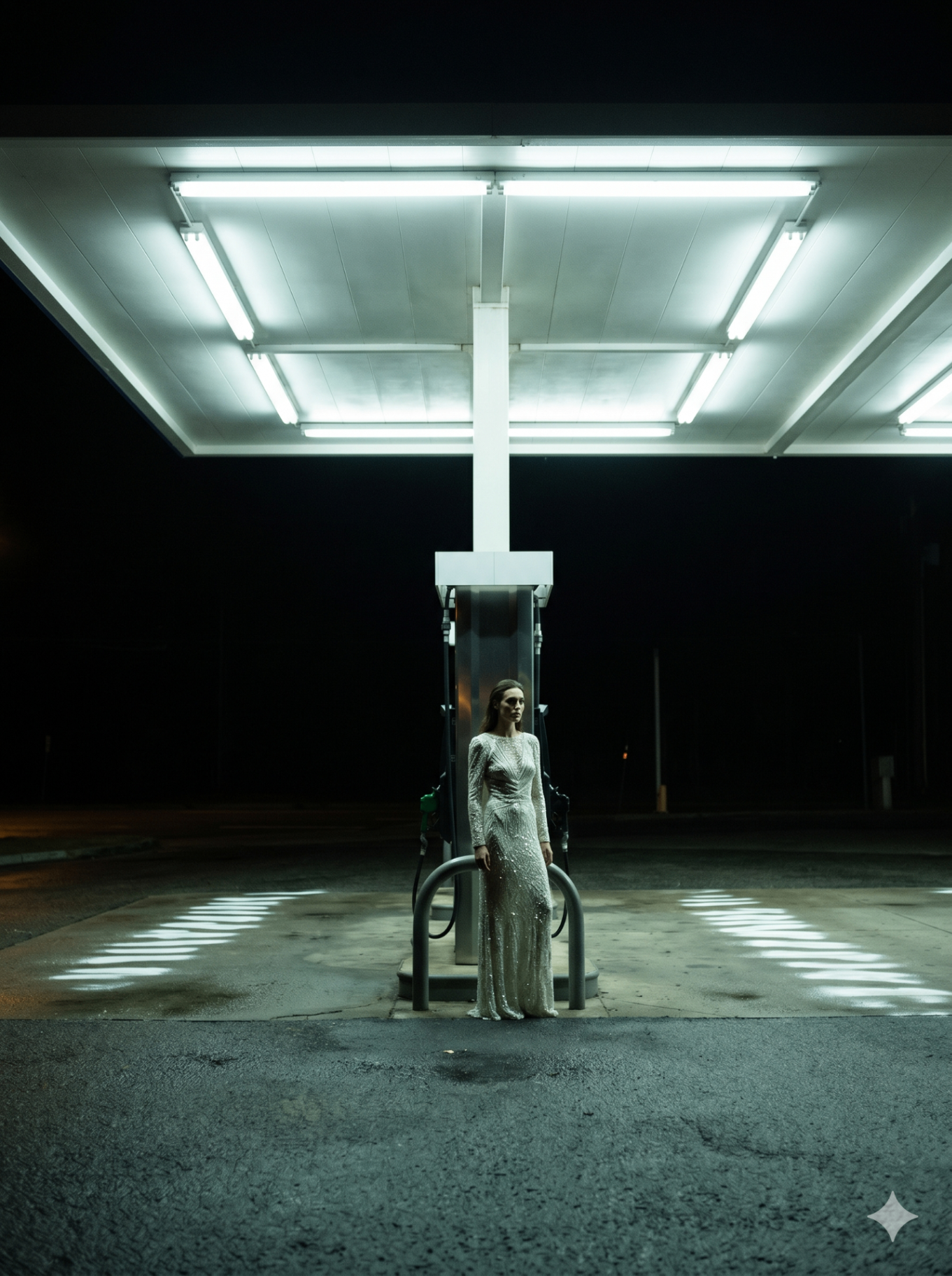 Model in a beaded white gown standing in a dark gallery space lit from above