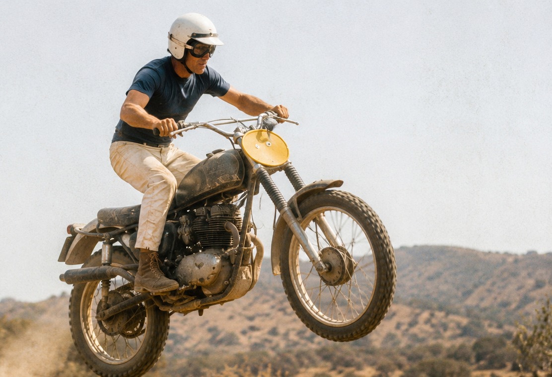 Black-and-white photograph of a rider airborne over a dirt track